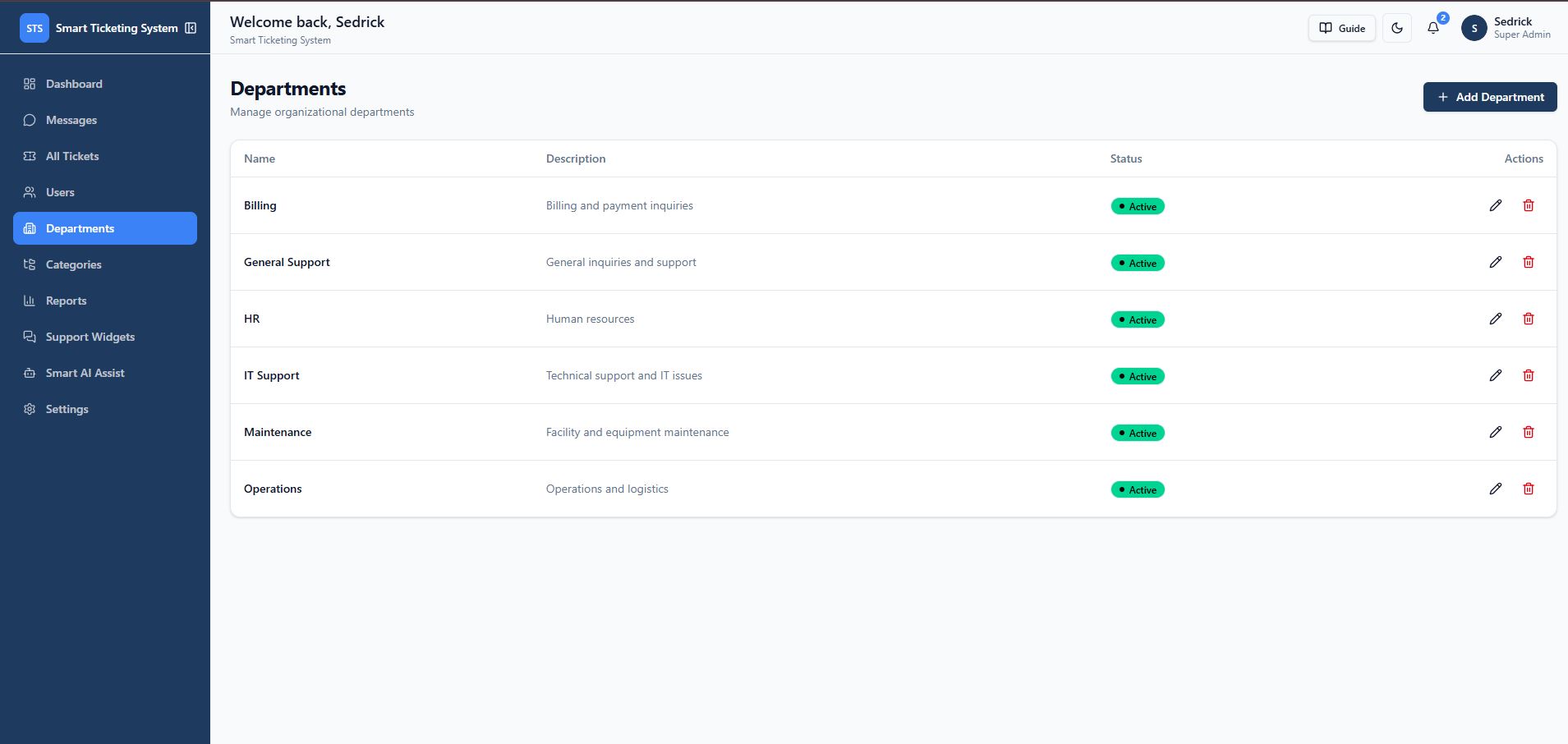 Departments page listing organizational departments and status