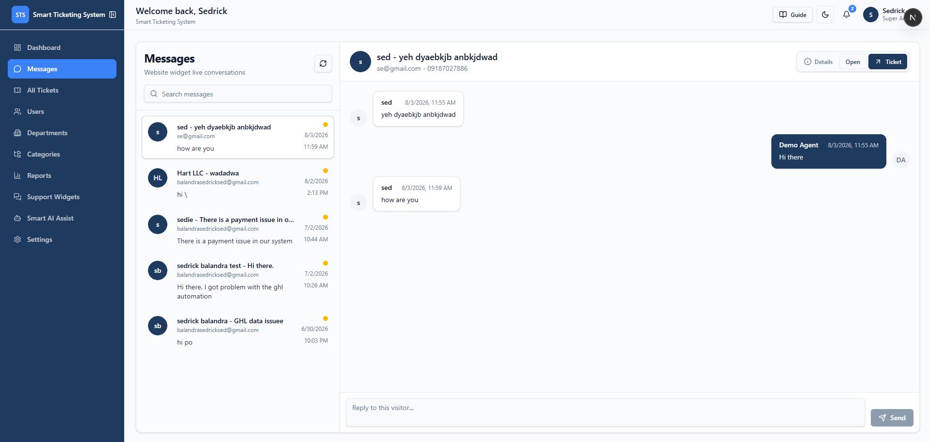 Live Message Center showing a website widget conversation thread