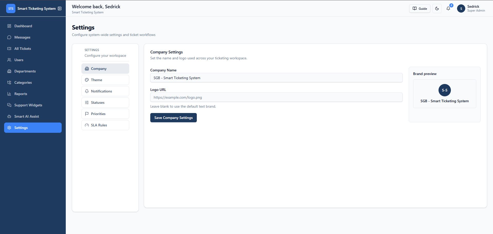 Settings page showing company branding, theme, and workflow configuration
