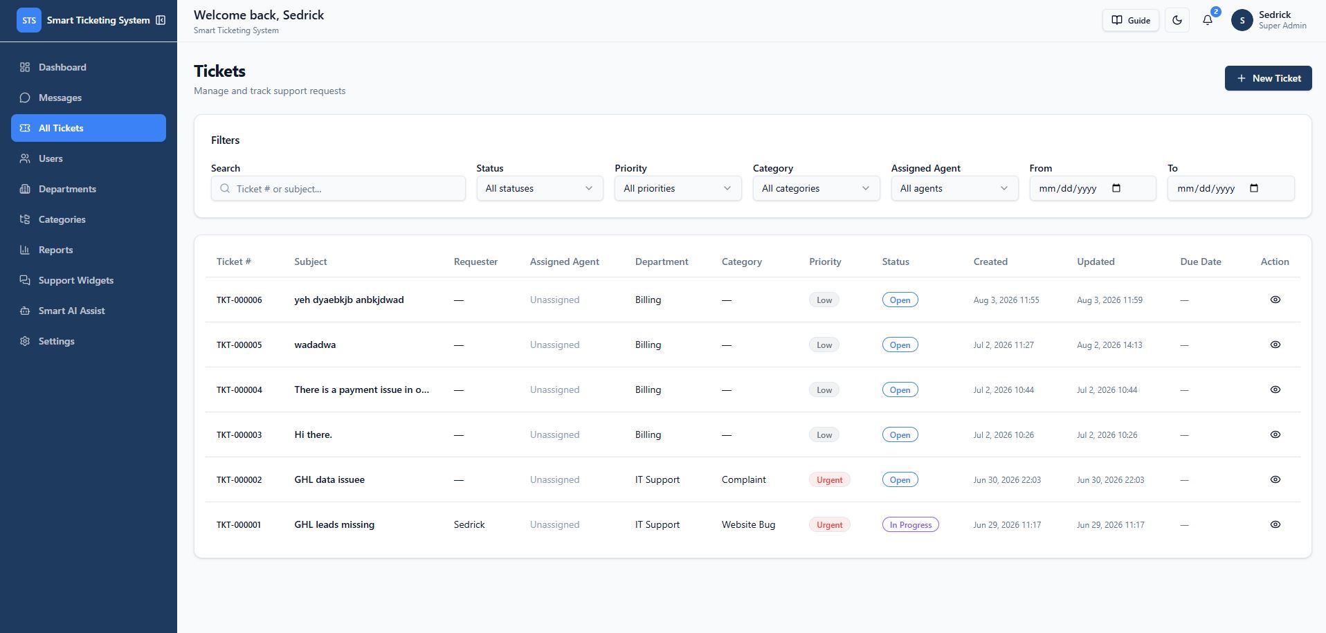 All Tickets page with filters for status, priority, category, agent, and date range