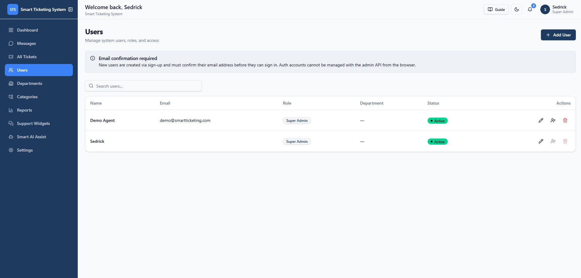 User management page listing accounts, roles, and status, with personal contact info redacted