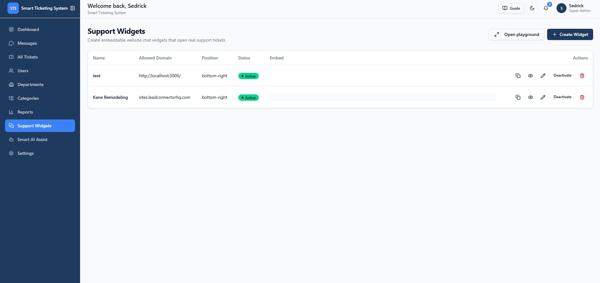 Support Widgets page listing configured embeddable widgets with allowed domain and embed code