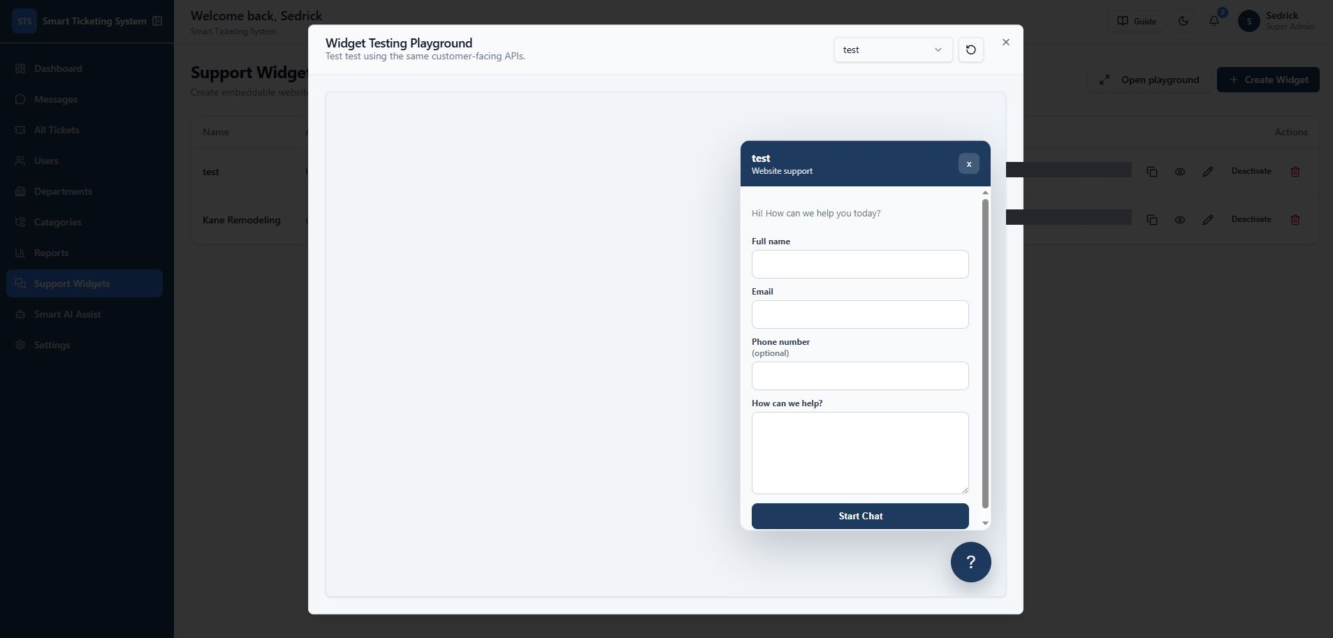 Widget testing playground showing the customer-facing chat widget intake form