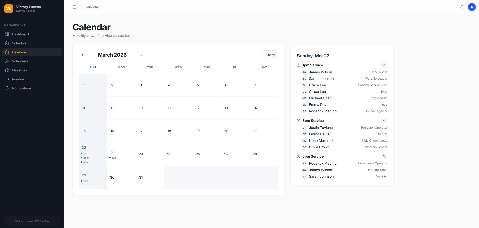Monthly calendar of service schedules