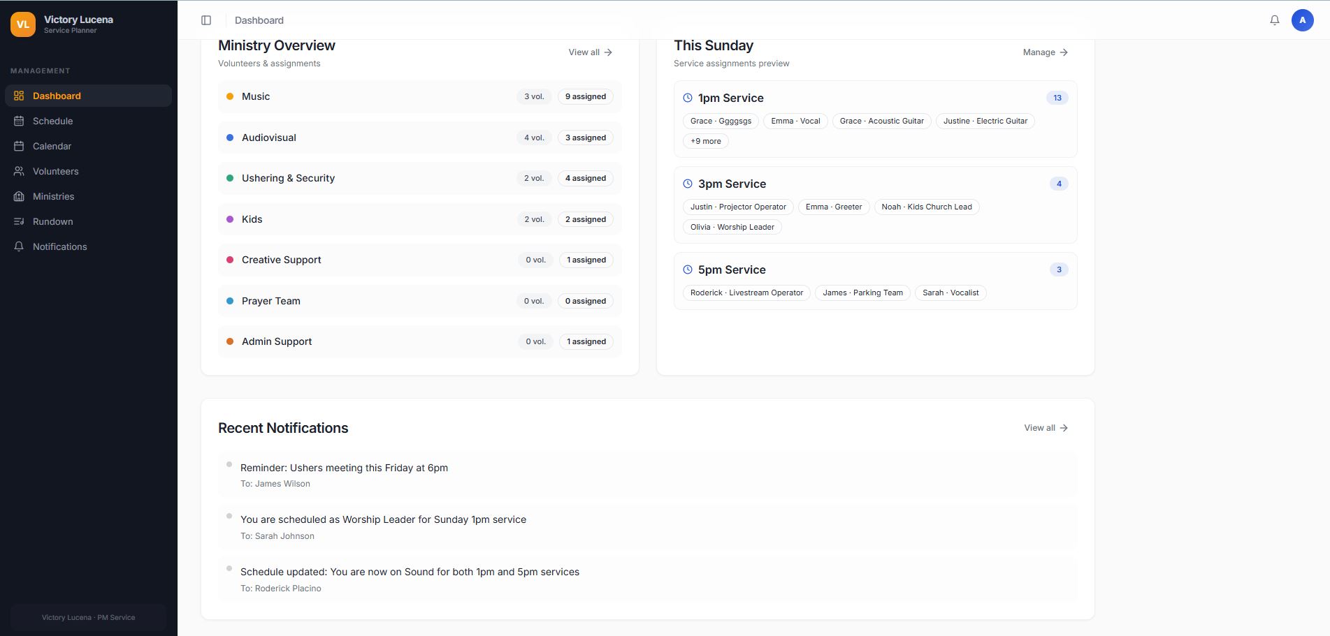 Victory Worship Planner Hub dashboard