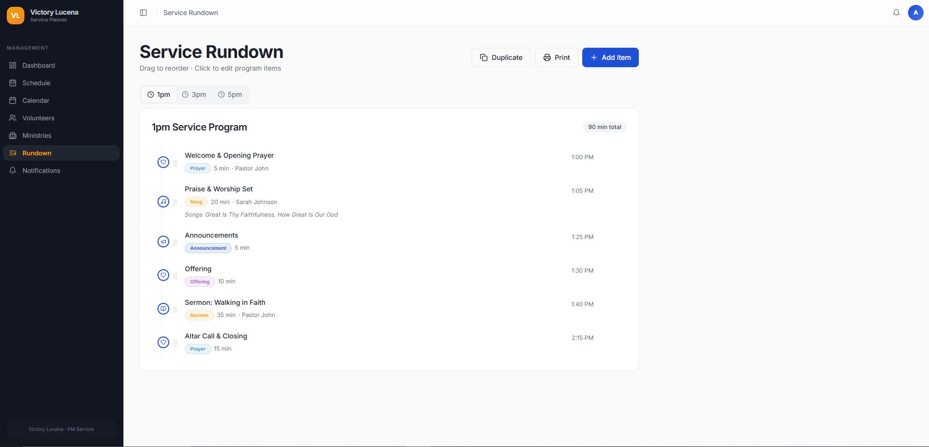 Service rundown builder with drag-to-reorder program items